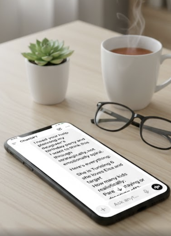 Phone on desk showing a ChatGPT conversation about planning a birthday party—Mom Ops is about execution, not another chat.
