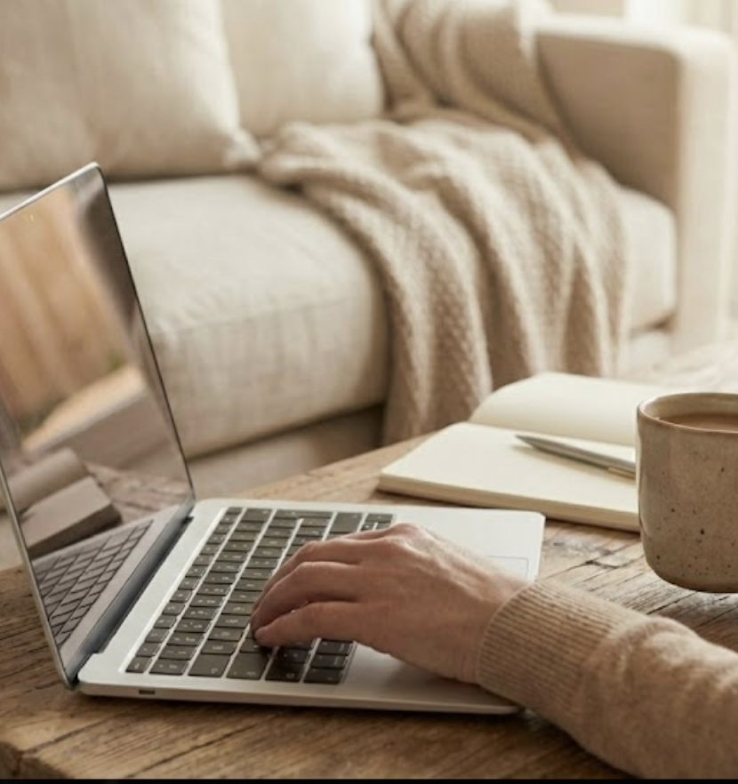 A real person at work: laptop, notebook, and coffee on a warm wooden table - the human touch behind every task.